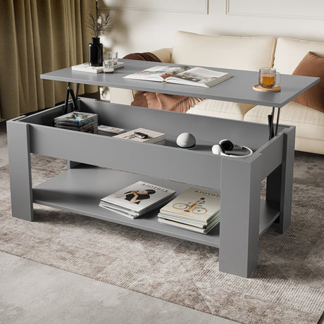 Lift Top Storage Coffee Table in grey with hidden compartment and lower shelf, ideal for modern UK living rooms. 120cm wide lift up tea table design.