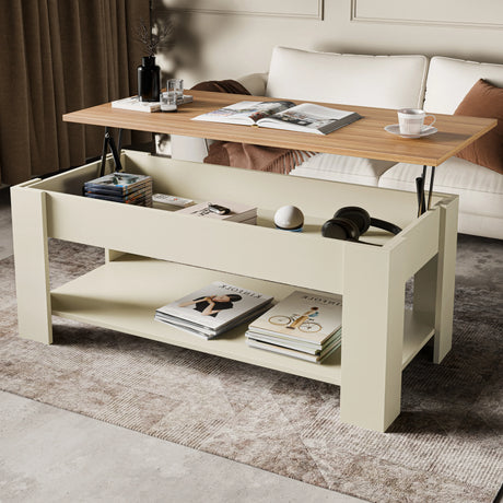 Lift Top Storage Coffee Table in cream with pine finish top, 120cm wide, featuring hidden compartment and lower shelf, ideal for modern UK living rooms.