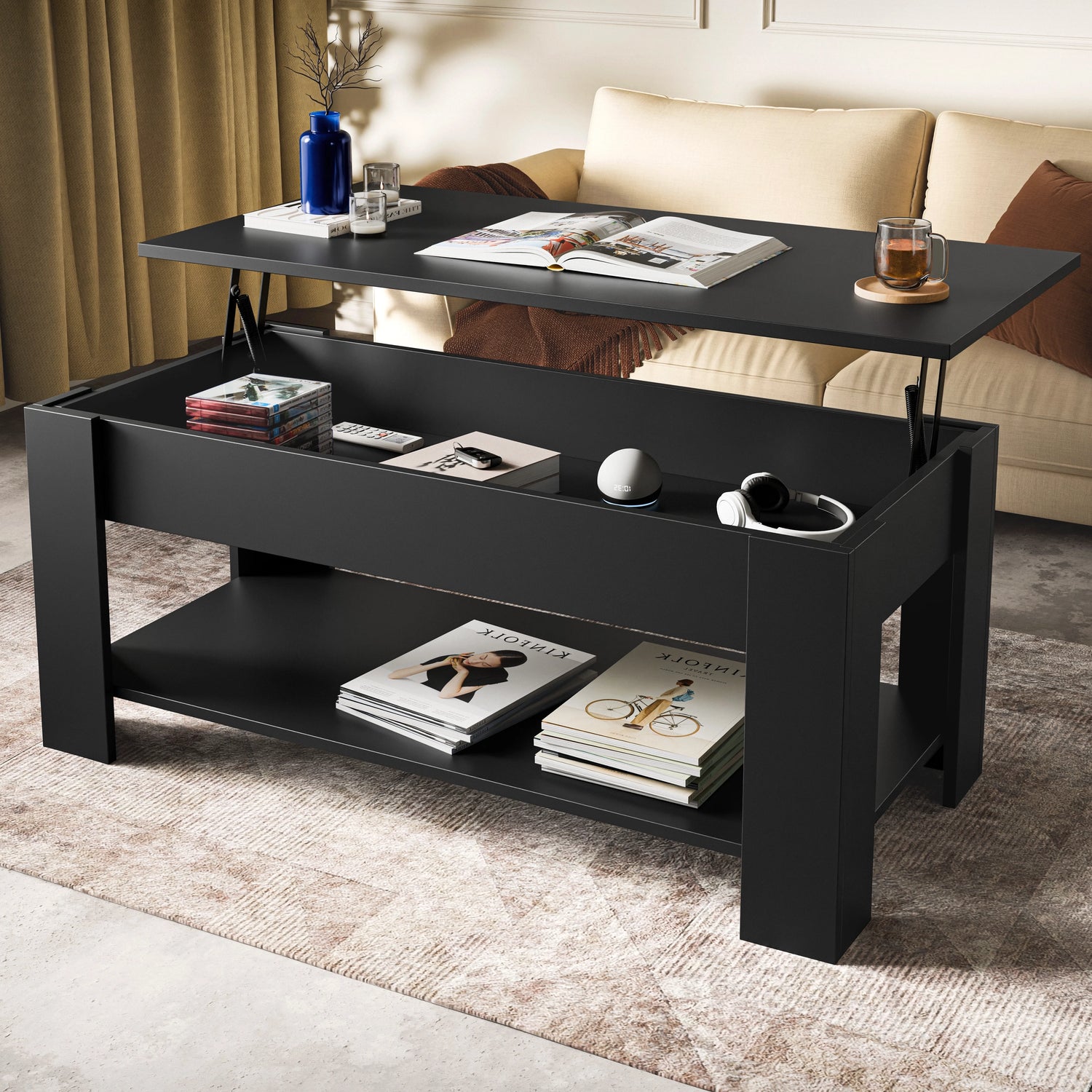 Lift Top Storage Coffee Table in matte black finish with raised tabletop, hidden compartment, and lower shelf, ideal for modern UK living rooms.
