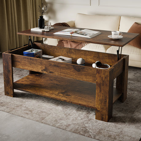 Lift Top Storage Coffee Table in rustic brown  finish with elevated tabletop and hidden compartment, ideal for modern UK living rooms.