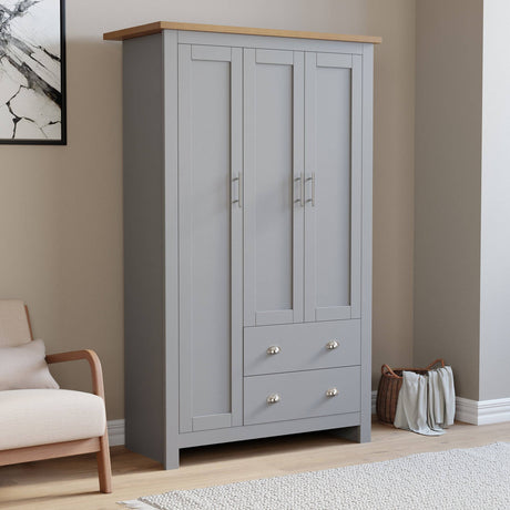 3 Piece Bedroom Set featuring a grey 3 door wardrobe with 2 drawers and silver handles, ideal for modern bedrooms.