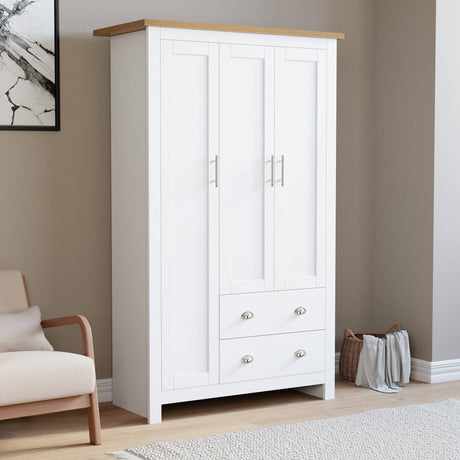 Shaker 3 Door Wardrobe, 4 Chest of Drawers | Bedroom Set featuring a white 3-door wardrobe with 2 lower drawers and oak-effect top, ideal for modern bedrooms.