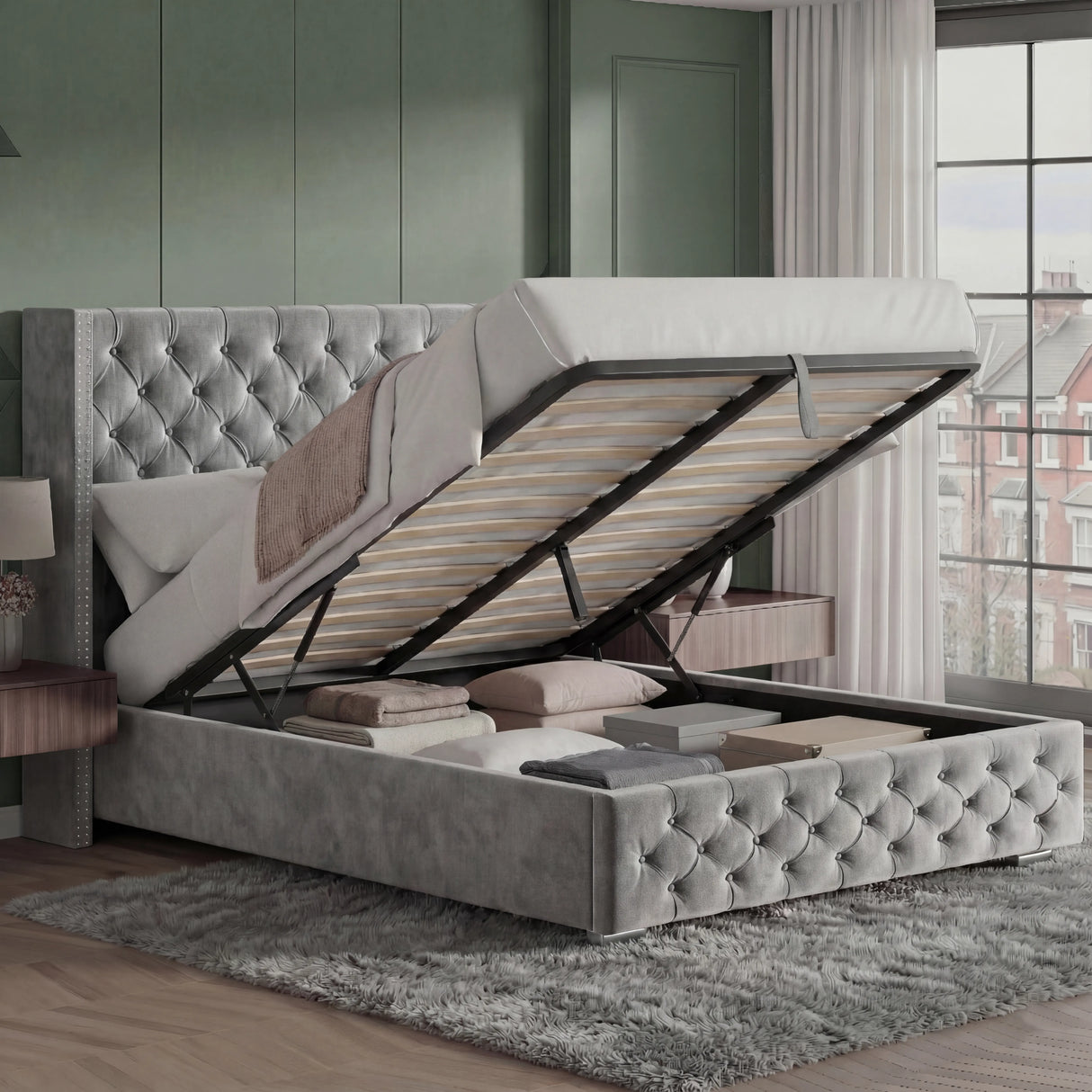 Cross Pattern Velvet Ottoman Storage Bed - Winged Bed Frame