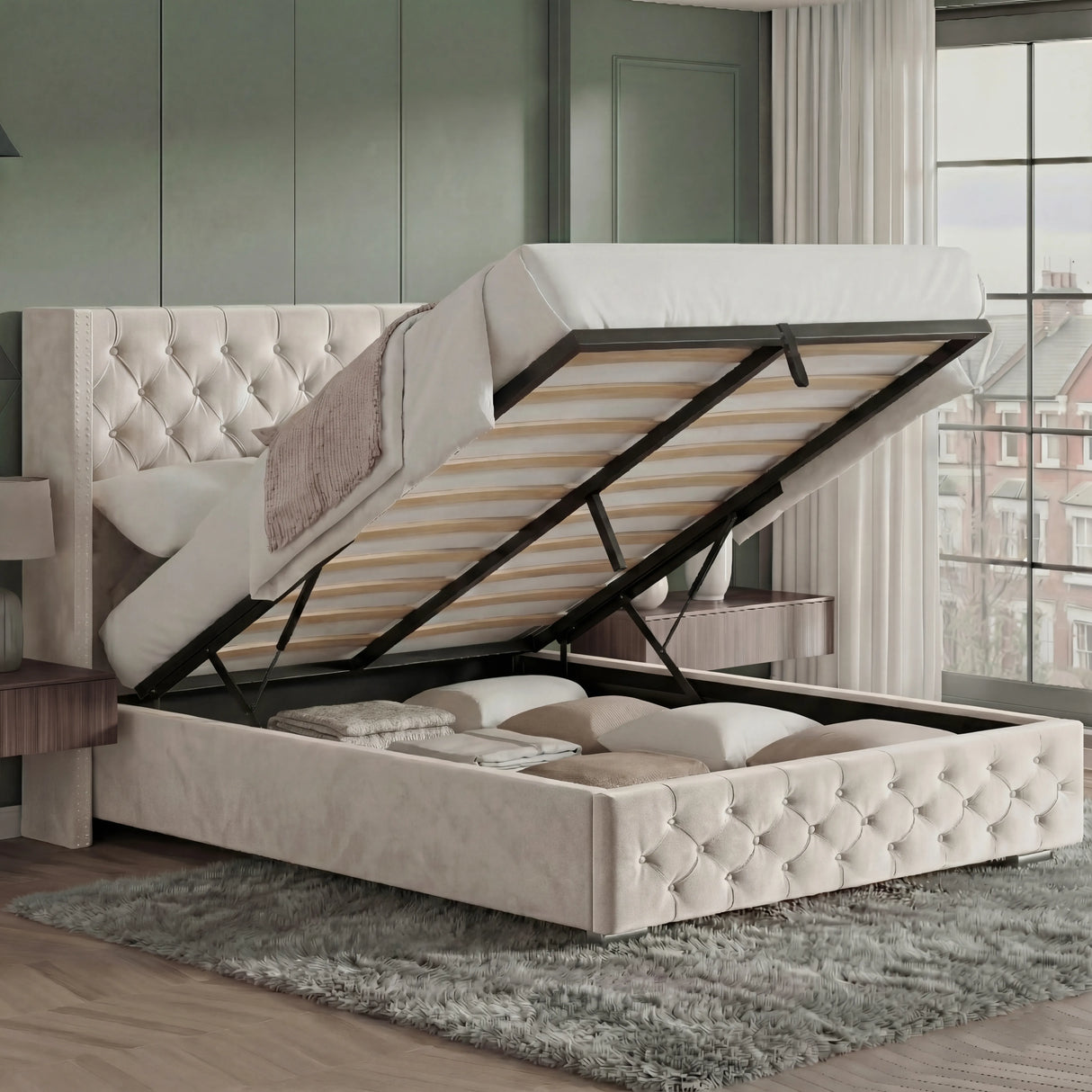 Cross Pattern Velvet Ottoman Storage Bed - Winged Bed Frame