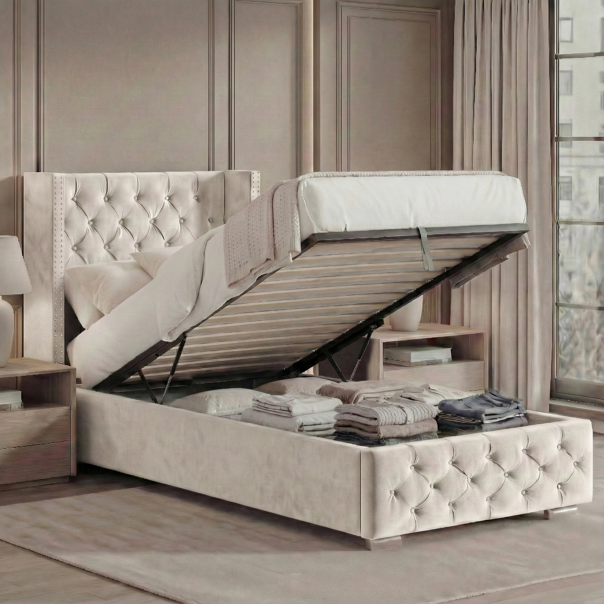 Cross Pattern Velvet Ottoman Storage Bed - Winged Bed Frame
