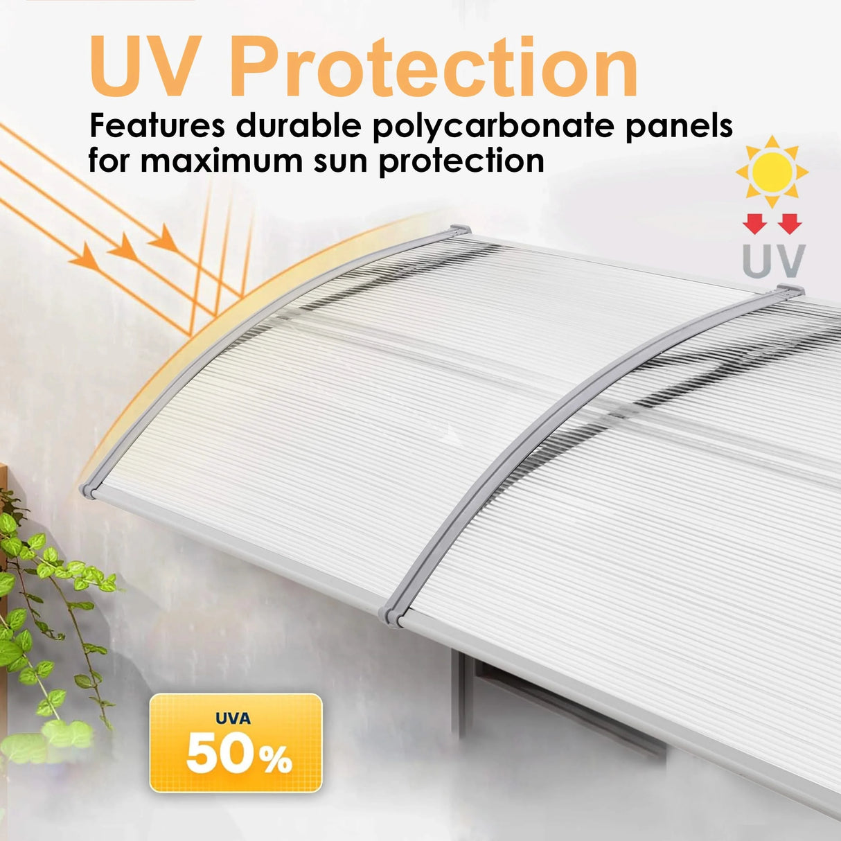 UV-resistant door canopy with polycarbonate panels offering 50% UVA protection, perfect for shielding entryways from harsh sunlight.