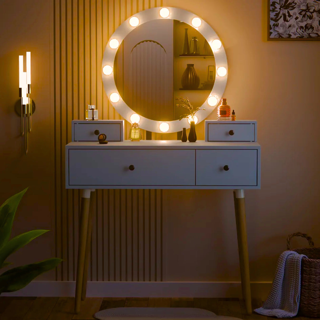 Dressing Table With Drawers and Hollywood Mirror Makeup Vanity Desk