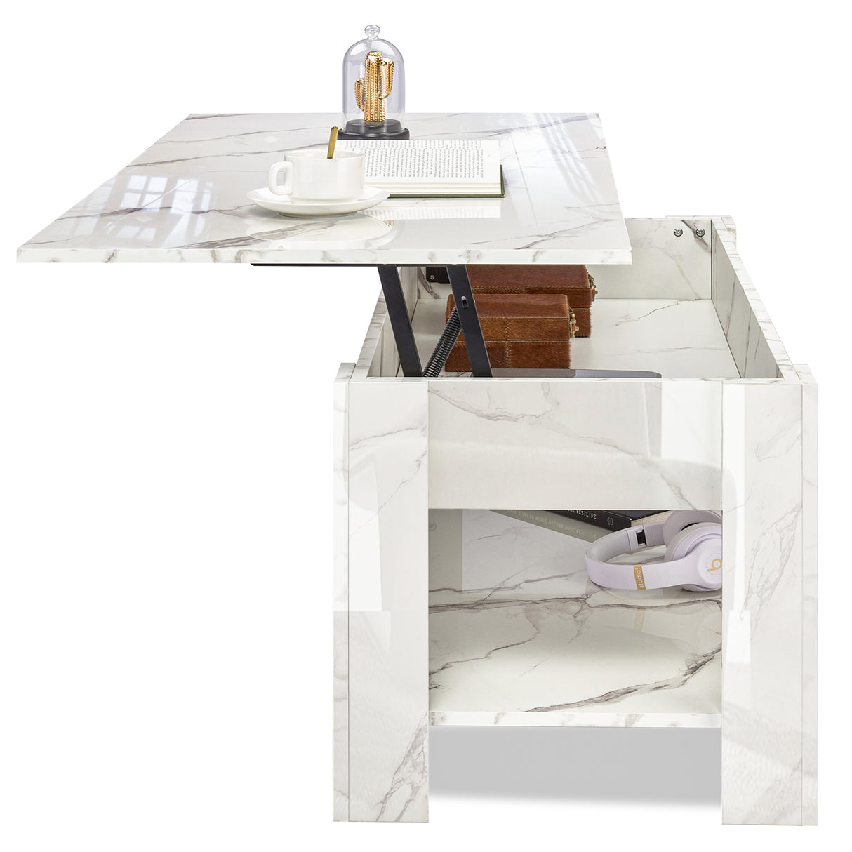High gloss lift top coffee table with hidden storage shelf in white marble finish. Features adjustable lift-up tabletop and spacious interior storage.