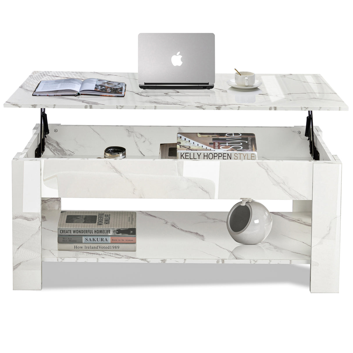 High gloss lift top coffee table with hidden storage shelf in white marble finish, featuring adjustable top and lower shelf for modern living rooms UK.