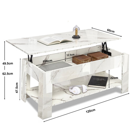 High Gloss Lift Top Coffee Table With Hidden Storage Shelf in white marble finish, featuring lift-up tabletop and spacious internal storage compartments.