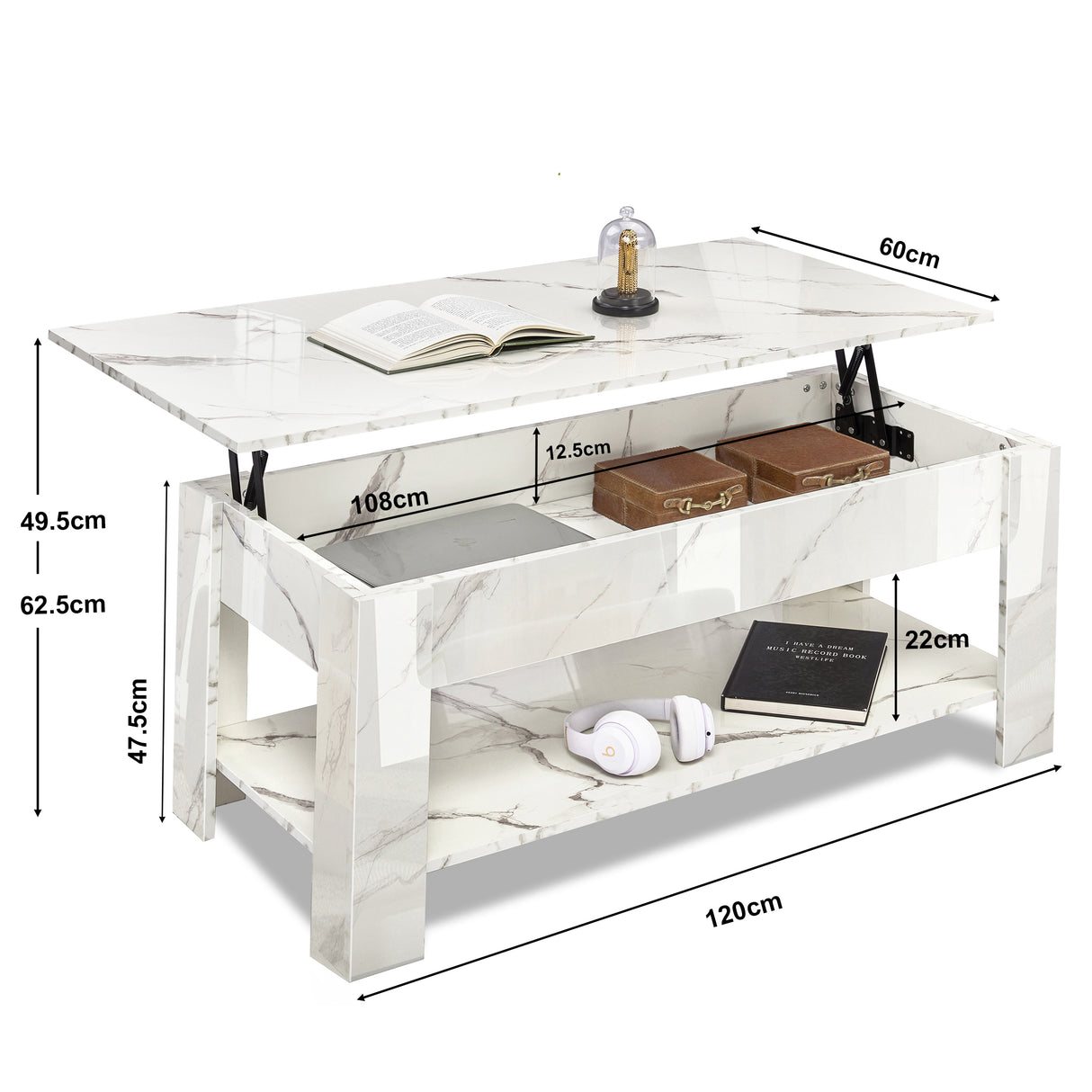 High Gloss Lift Top Coffee Table With Hidden Storage Shelf in white marble finish, featuring lift-up tabletop and spacious internal storage compartments.