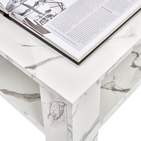 High gloss lift top coffee table with hidden storage shelf in white marble finish, featuring a modern design ideal for stylish UK living rooms.