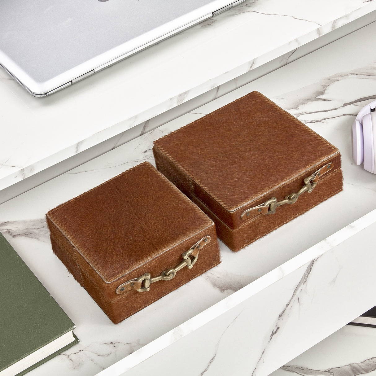 High Gloss Lift Top Coffee Table With Hidden Storage Shelf featuring a marble-effect surface and open shelf with decorative brown storage boxes.