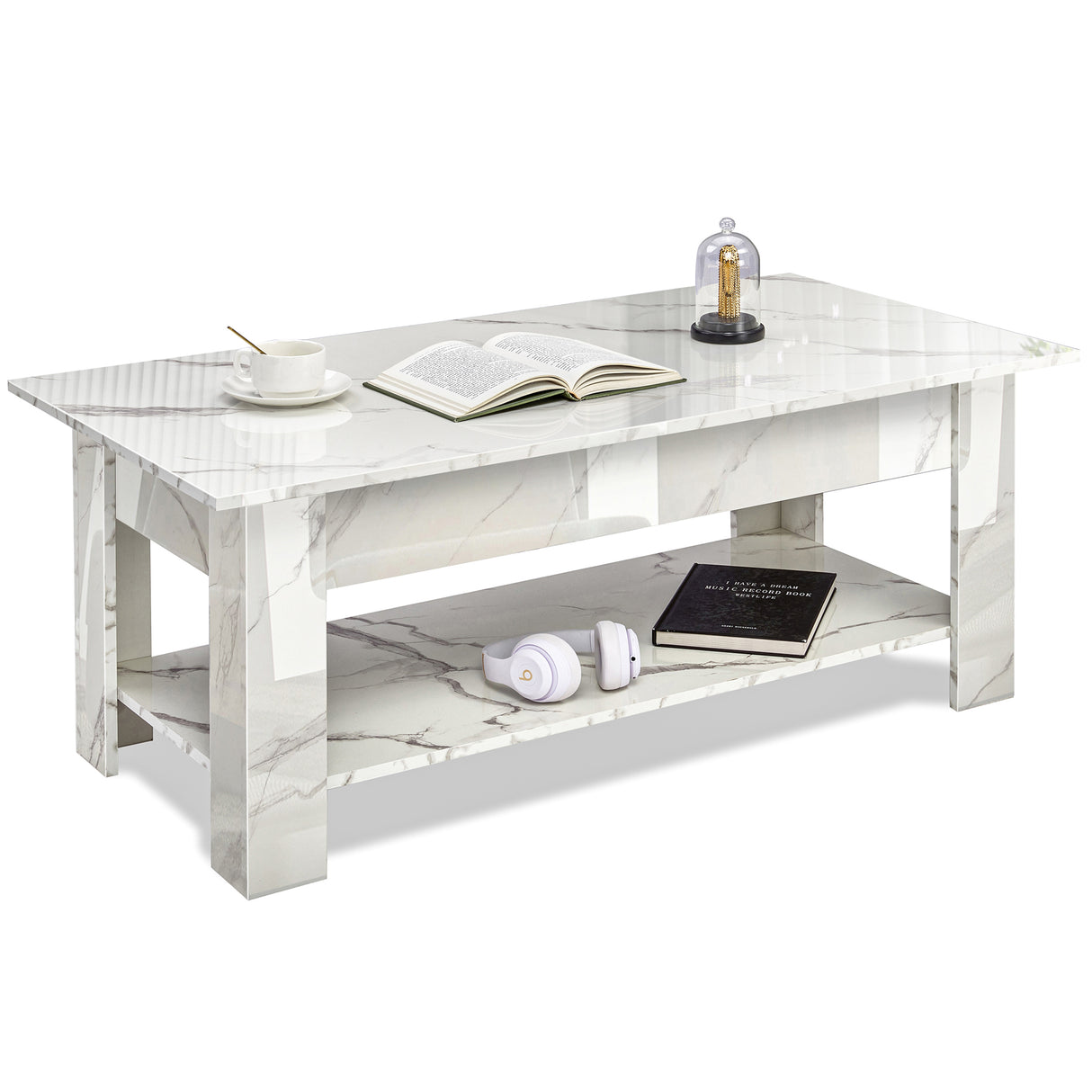 High Gloss Lift Top Coffee Table With Hidden Storage Shelf in white marble finish, featuring a lift-up top and lower shelf for modern living rooms.
