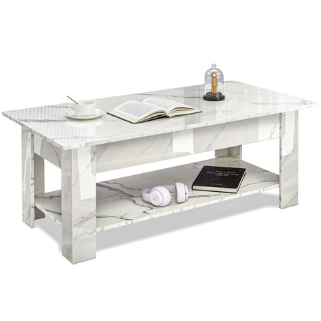 High Gloss Lift Top Coffee Table With Hidden Storage Shelf in white marble finish, featuring a lift-up top and lower shelf for modern living rooms.
