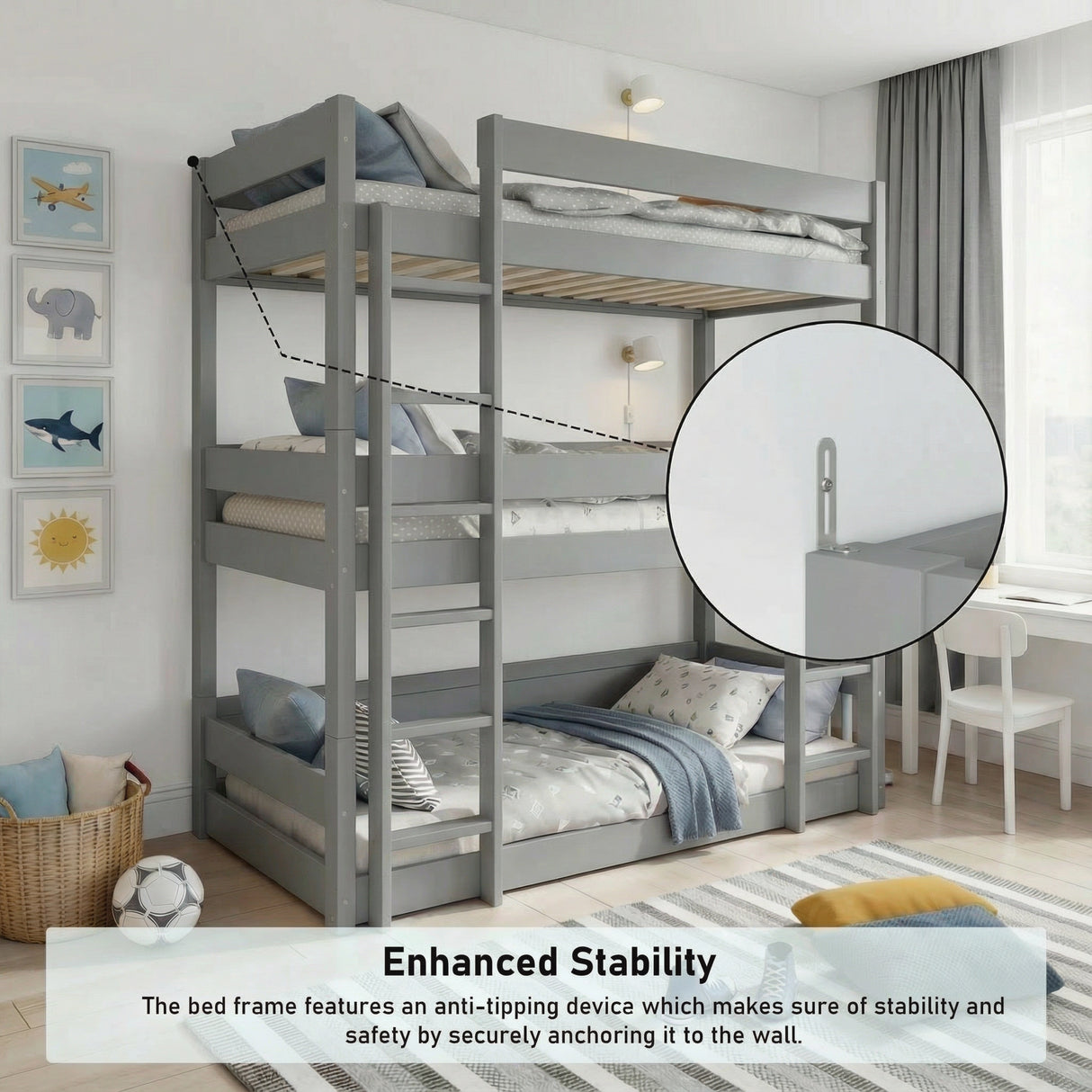 Wooden High Sleeper Triple Bunk Bed