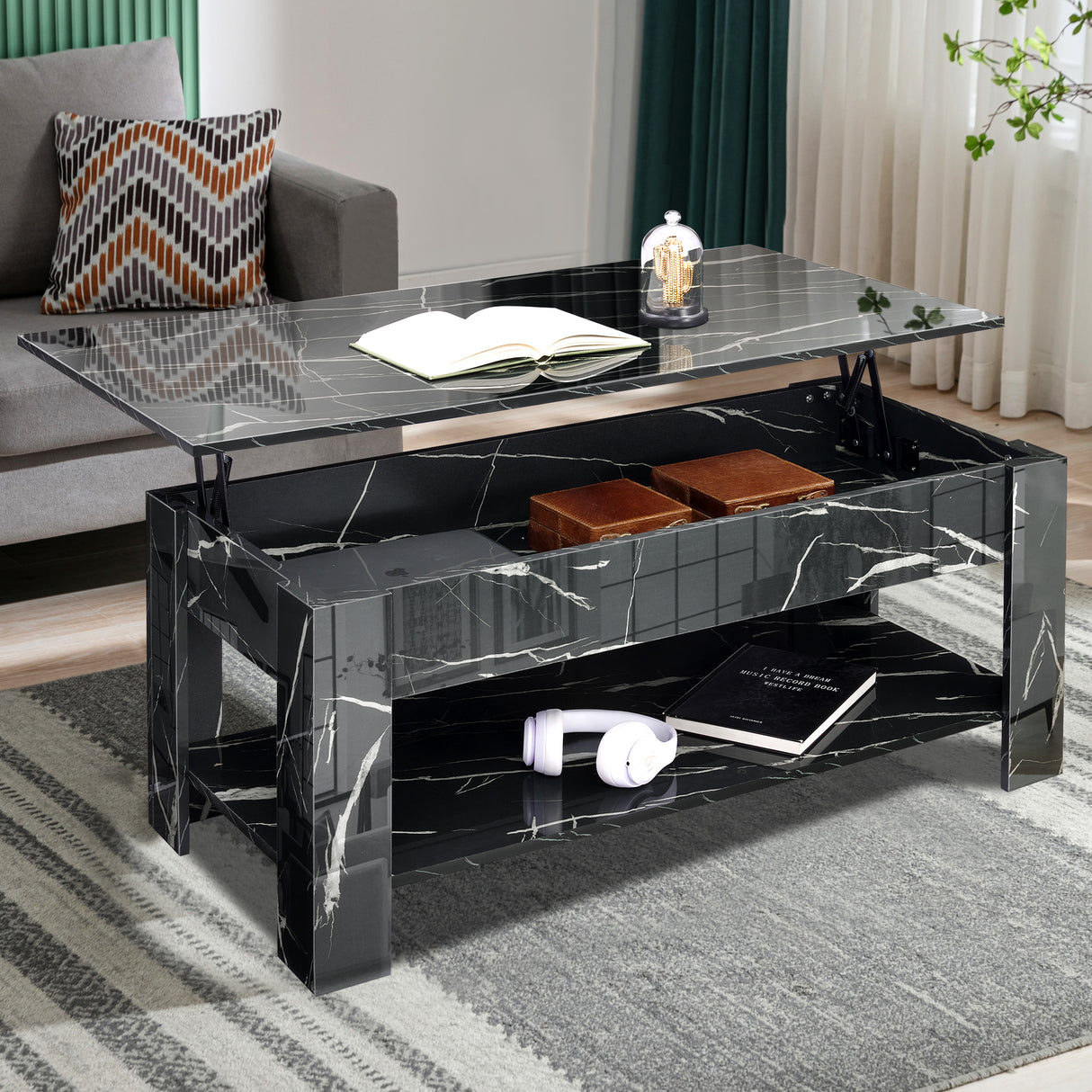 High gloss lift top coffee table with hidden storage shelf in black marble finish, featuring adjustable tabletop and lower shelf for modern living rooms.