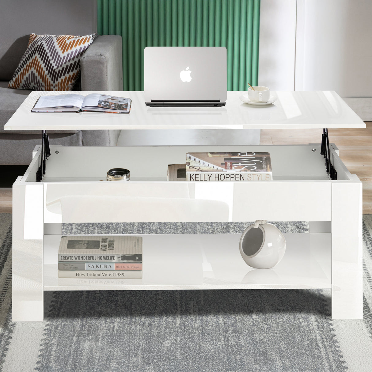 High gloss lift top coffee table with hidden storage shelf in white, featuring a raised tabletop for workspace and lower shelf for books and decor.