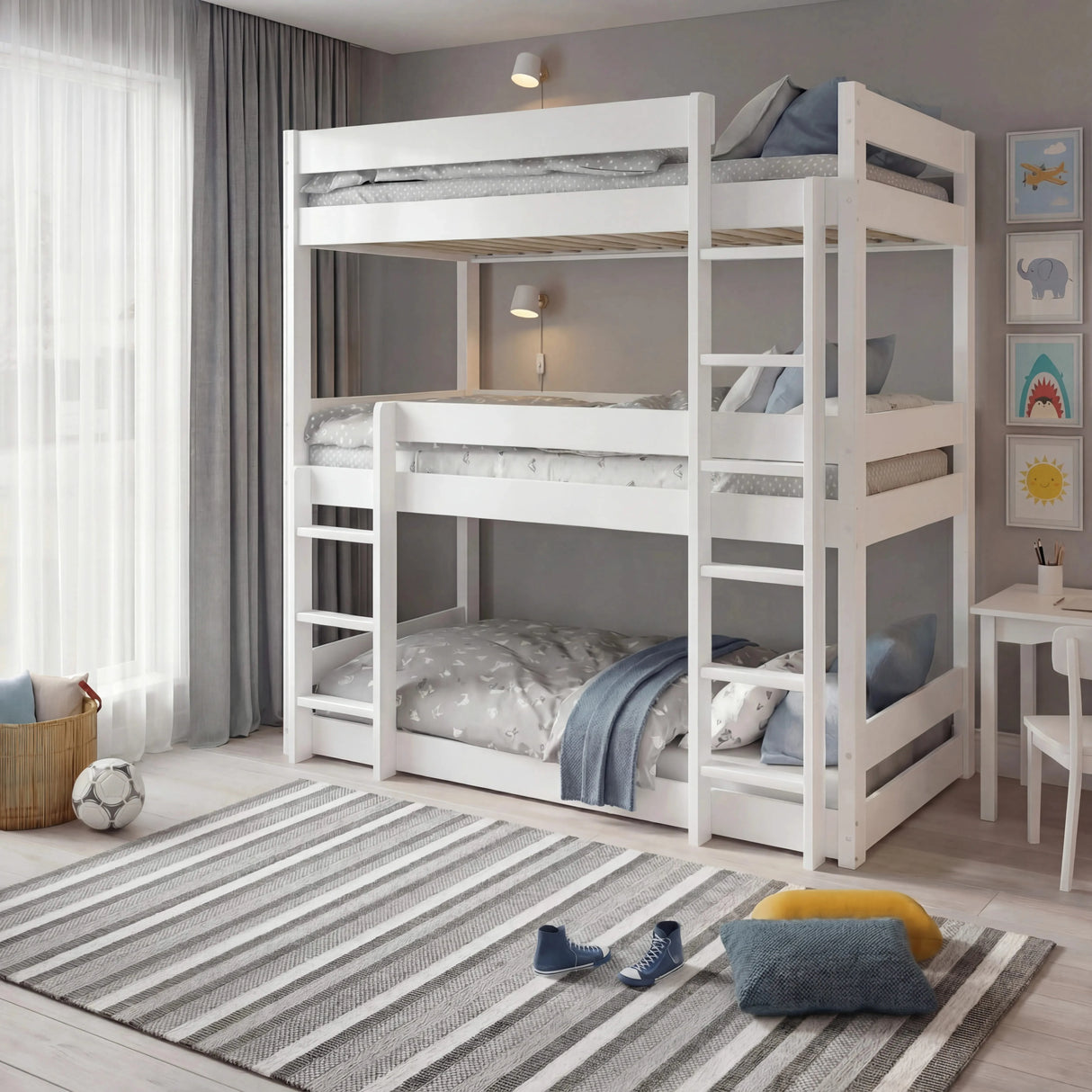 Single triple bunk bed in white wood with high sleeper frame, ideal for kids' bedrooms. Features three stacked beds with ladders and safety rails.