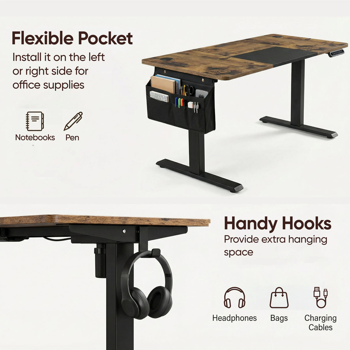 Adjustable Rustic Electric Standing Desk featuring flexible side pocket and handy hooks for organizing office supplies like pens and headphones.
