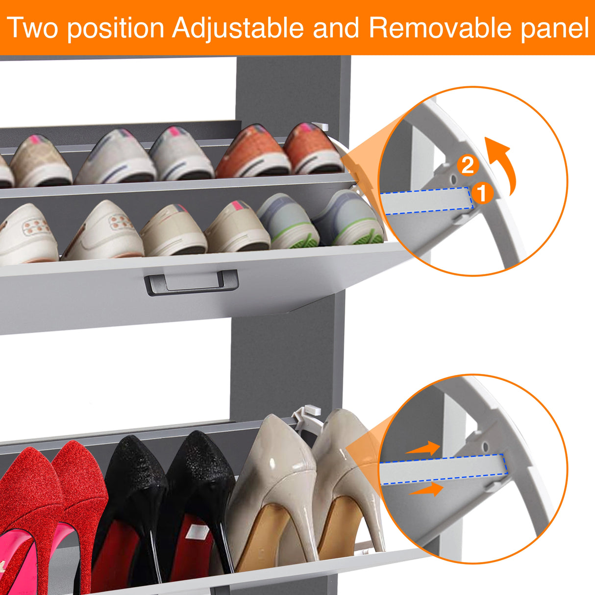 This footwear cupboard features pull-down drawers with adjustable dividers shown in two height configurations.