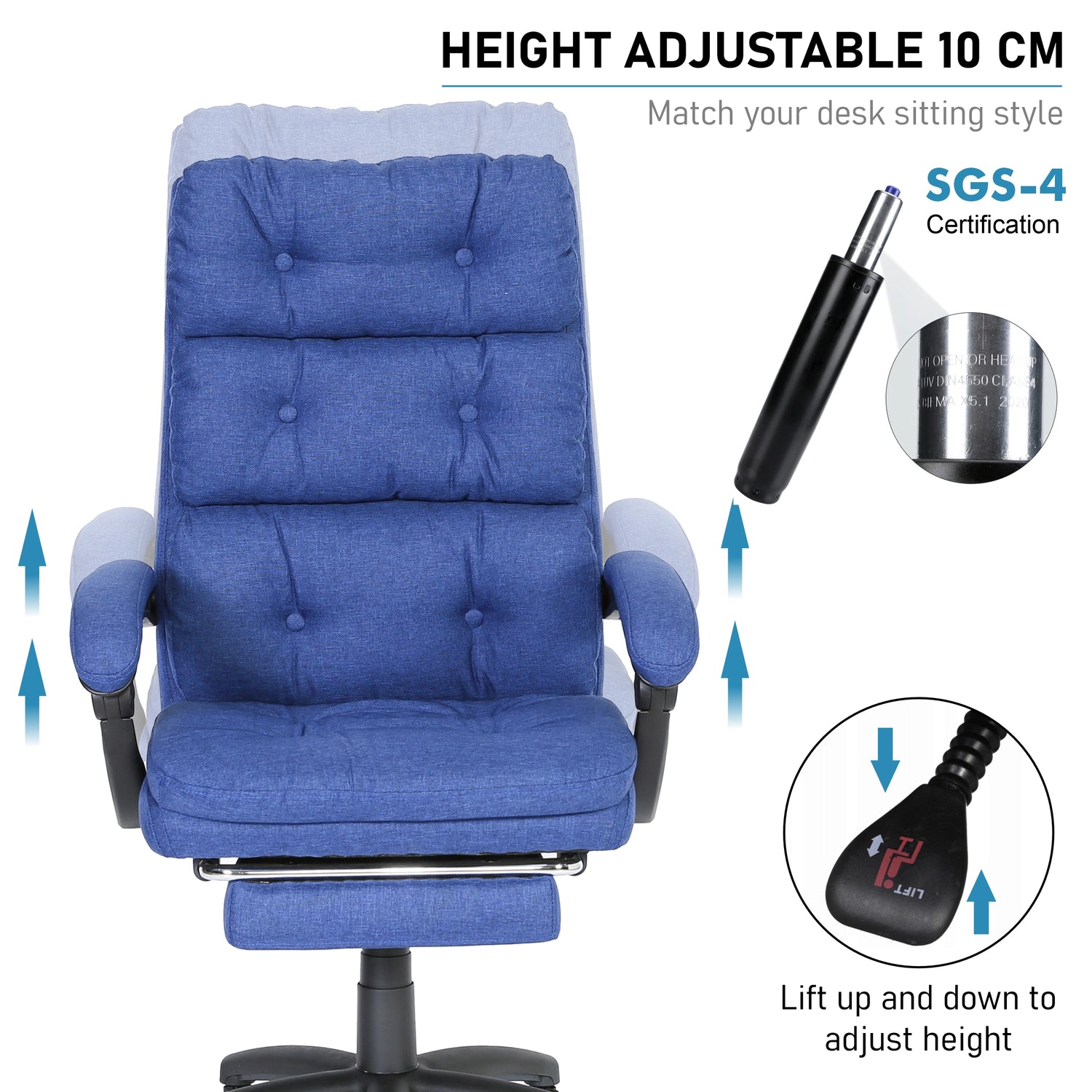 The dark blue linen computer chair with adjustable footrest and ergonomic back support visible.