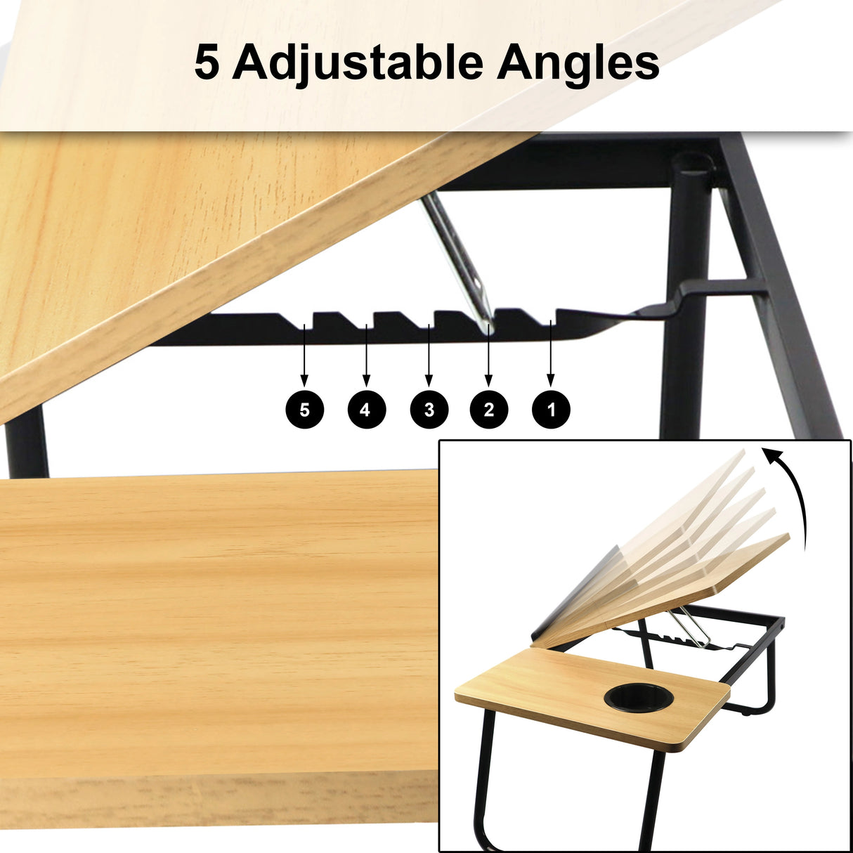 pine laptop table for sofa shown in a visual guide with 5 lifting angles for flexible home use