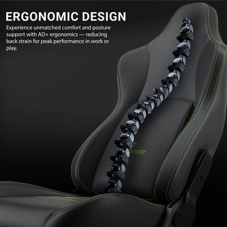 Ergonomic gaming seat with spinal design on a dark background