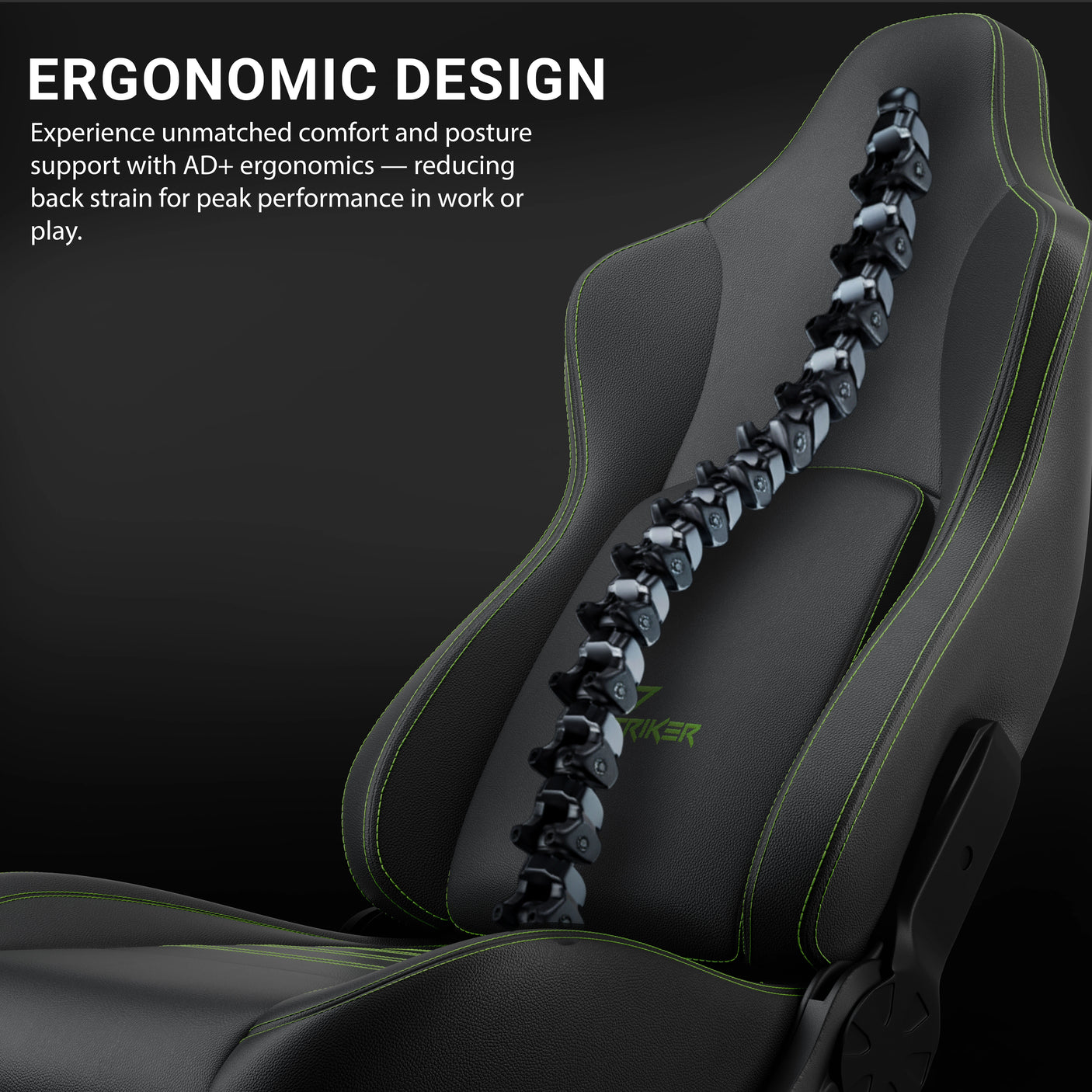 Ergonomic gaming seat with spinal design on a dark background
