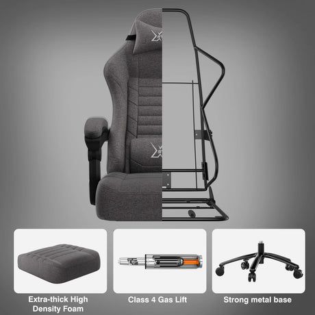 Ergonomic chair with highlighted features on a grey background.