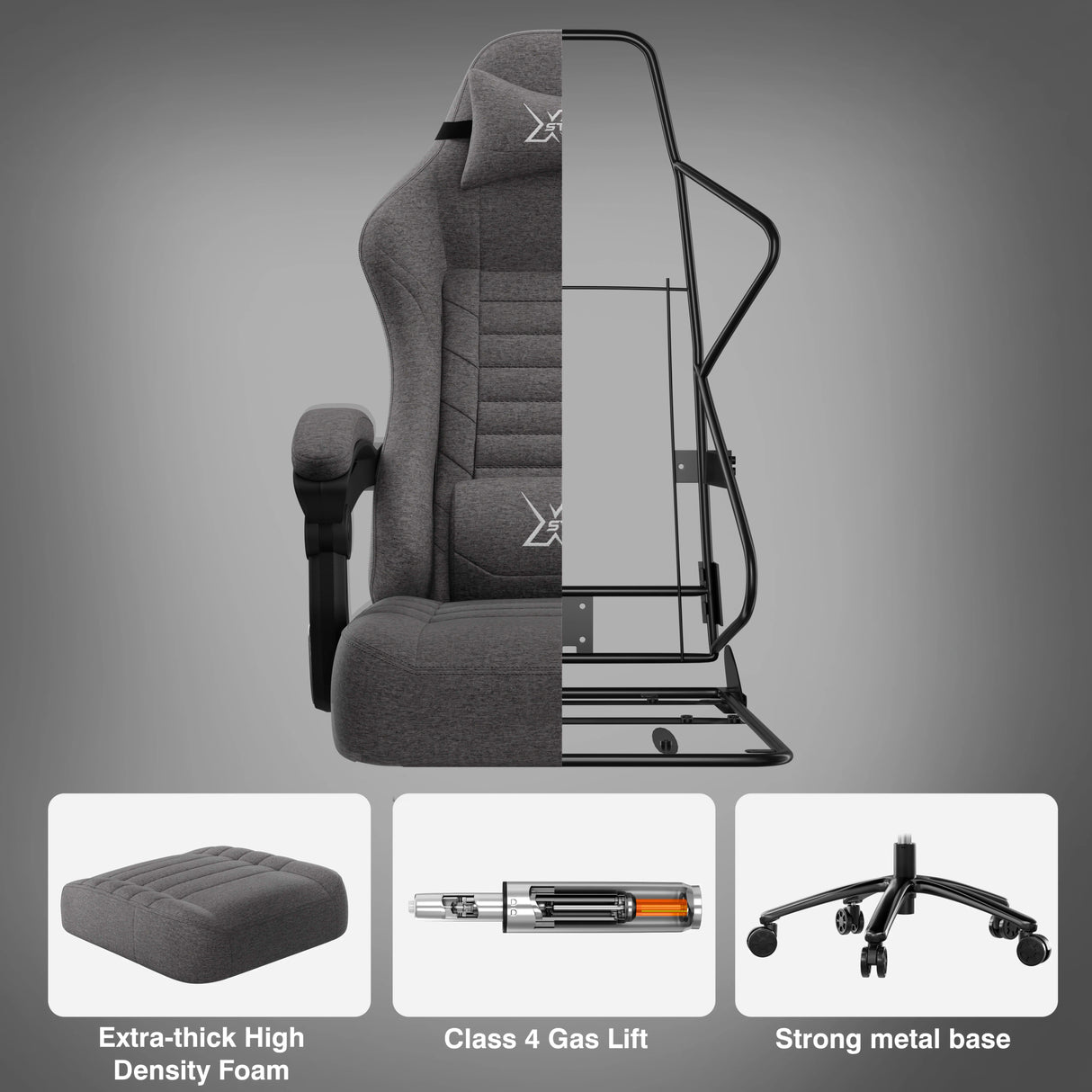 Ergonomic chair with highlighted features on a grey background.