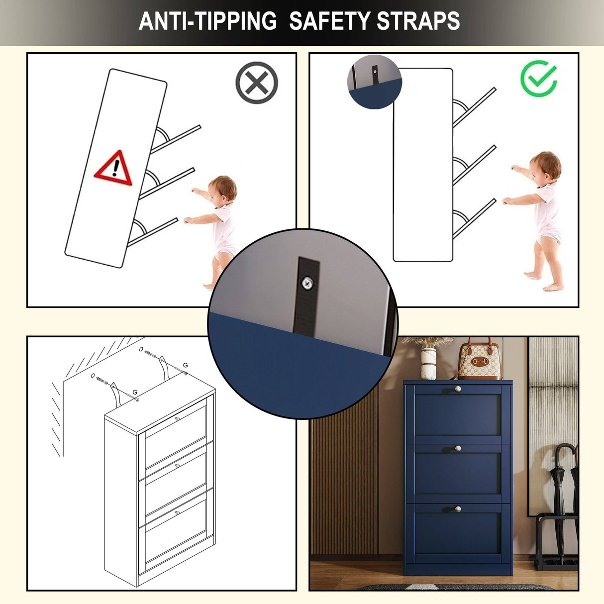 Anti-tipping safety straps included with navy Shoe Cabinet With Doors for secure wall mounting.