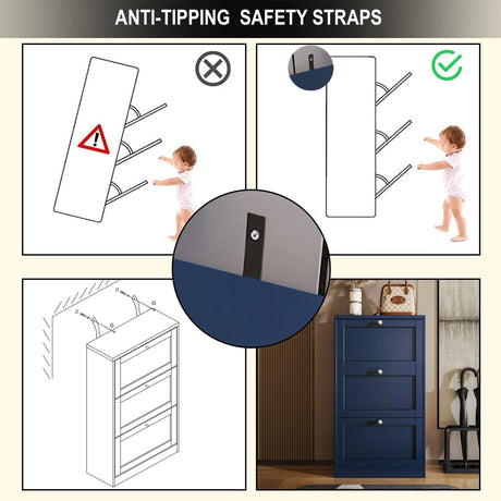 Anti-tipping safety straps included with navy Shoe Cabinet With Doors for secure wall mounting.