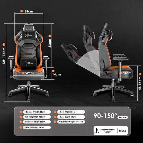 Xstriker Gaming Chair with ergonomic racing design, 4D armrests, 90-150° recline, and adjustable height for optimal comfort and support.