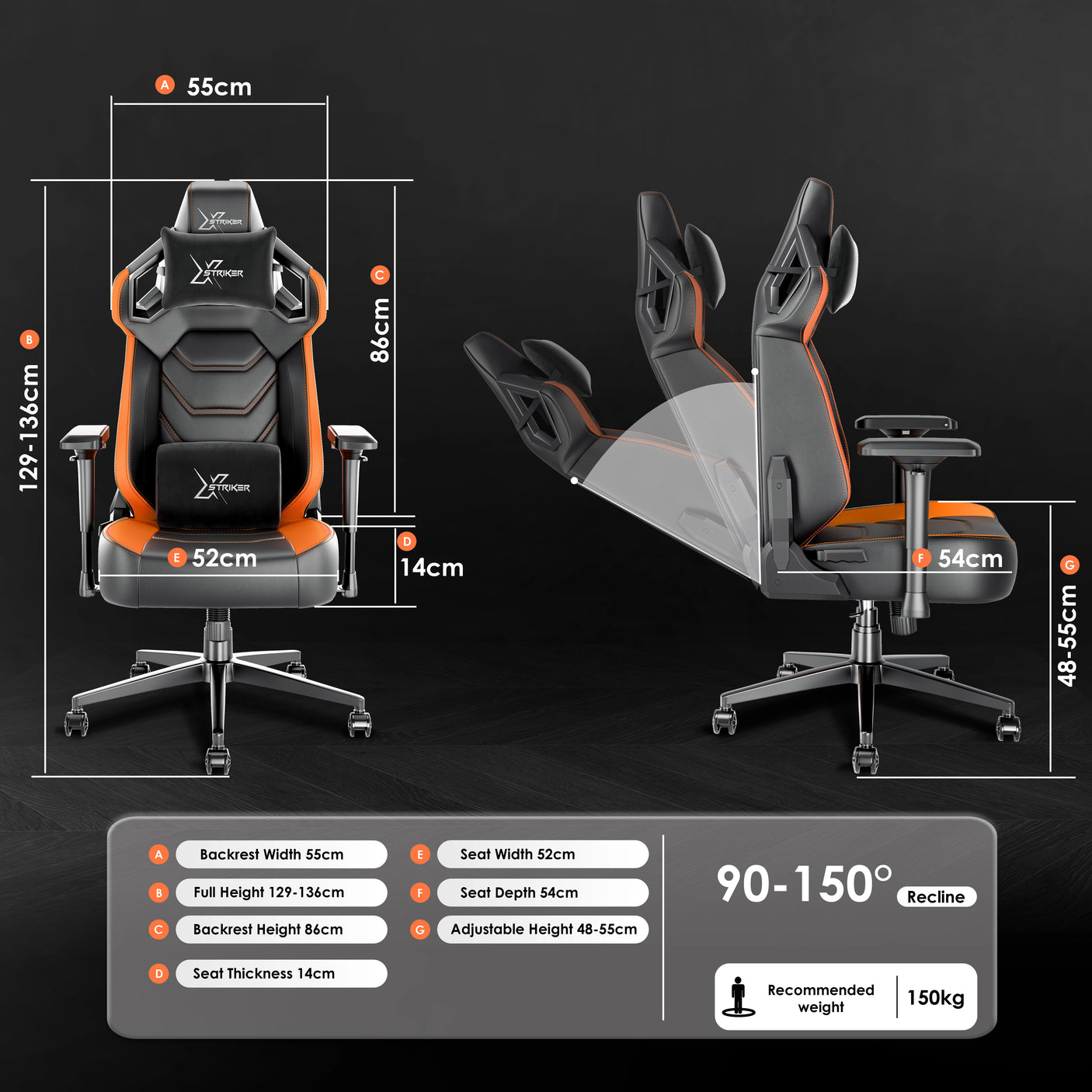 Xstriker Gaming Chair with ergonomic racing design, 4D armrests, 90-150° recline, and adjustable height for optimal comfort and support.