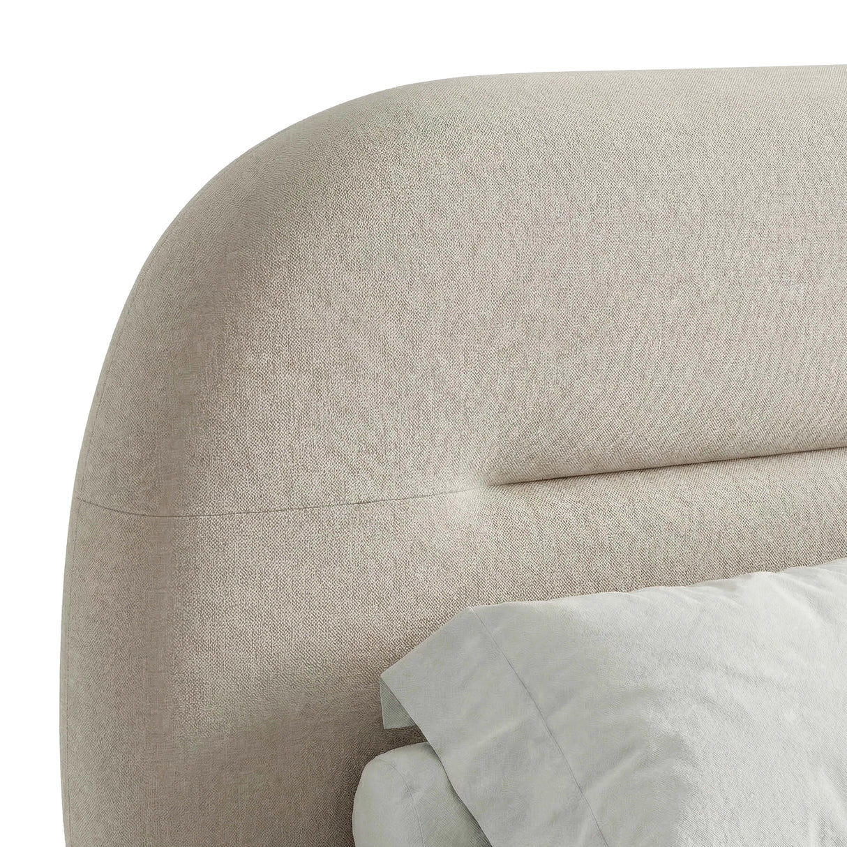 Close-up view of the beige bed frame's headboard, highlighting its soft fabric and unique design