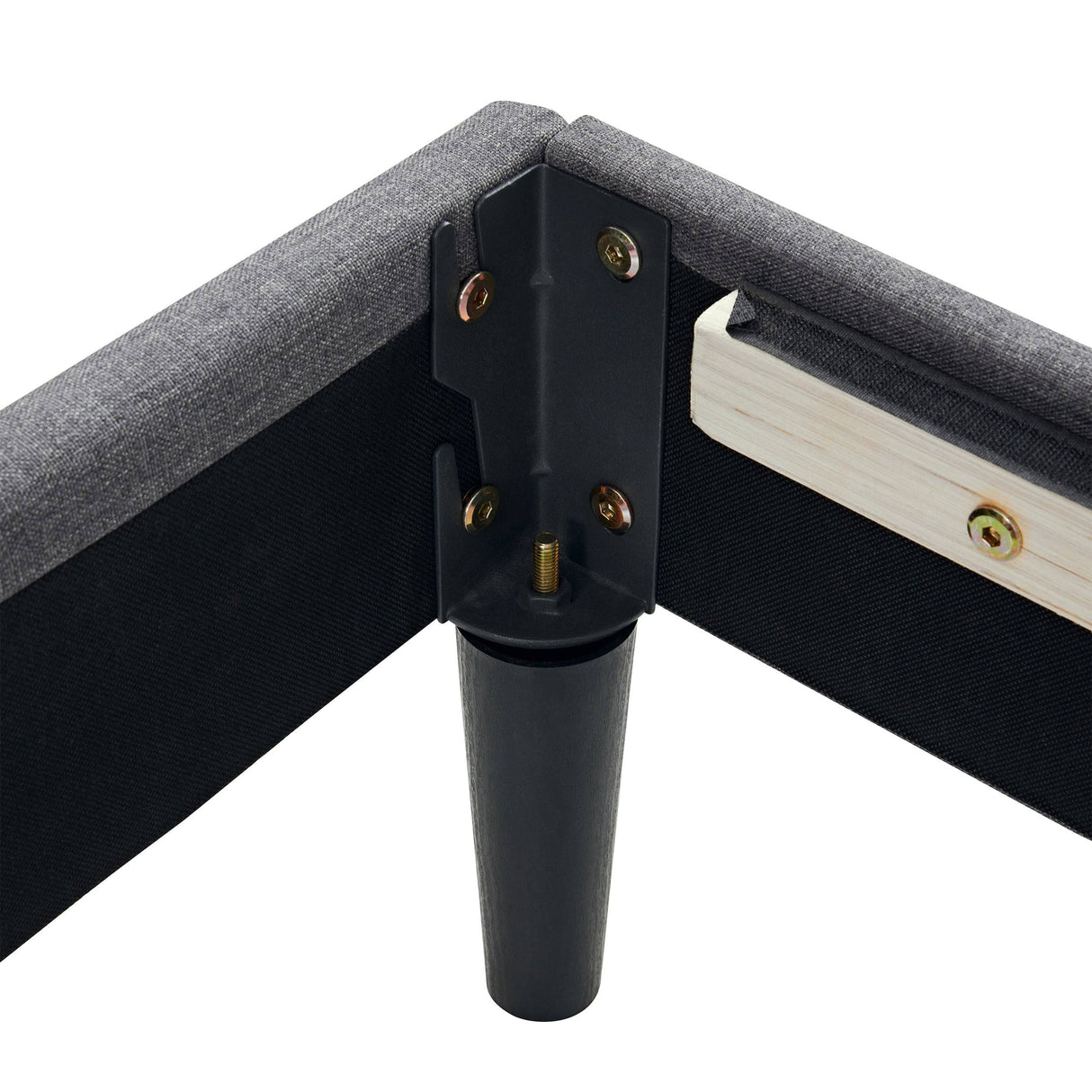 Corner joint and leg assembly of the  Linen Grey Bed Frame, showing sturdy metal brackets and wood frame construction.