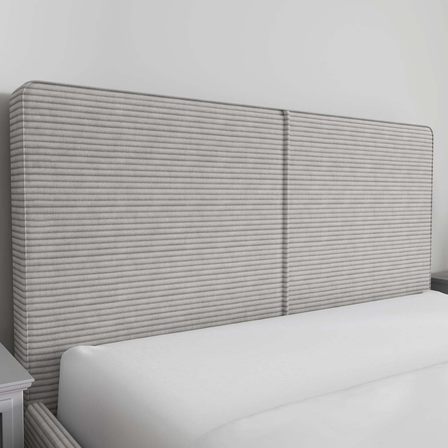 Corduroy ribbed velvet upholstered ottoman bed frame in light grey with tall headboard. Ideal for modern bedrooms with hidden end lift storage.