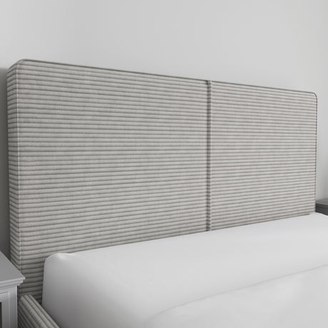 Corduroy ribbed velvet upholstered ottoman bed frame in light grey with tall headboard. Ideal for modern bedrooms with hidden end lift storage.