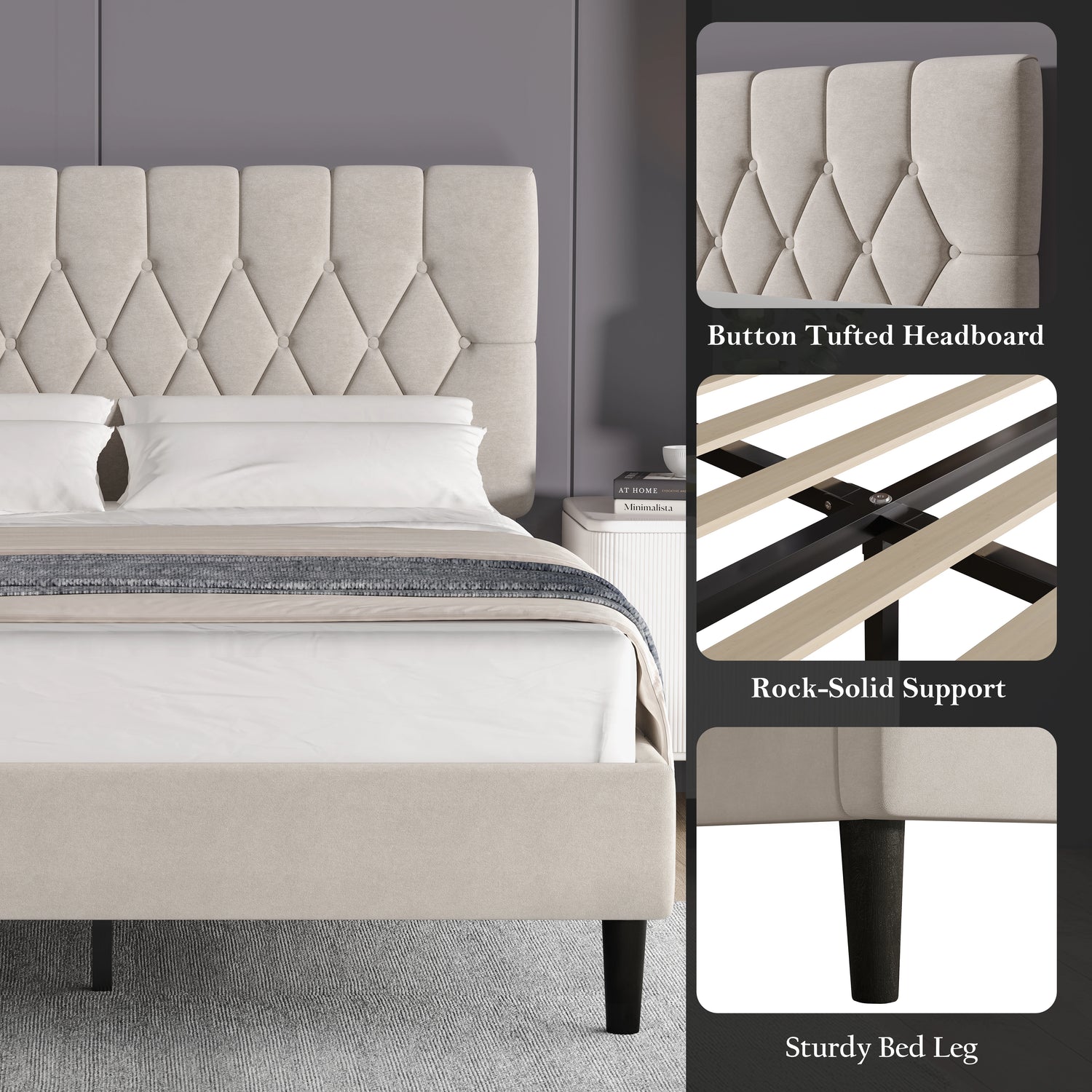 Velvet bed frame double & king size with adjustable button-tufted headboard in beige, featuring sturdy legs and rock-solid wooden slat support.