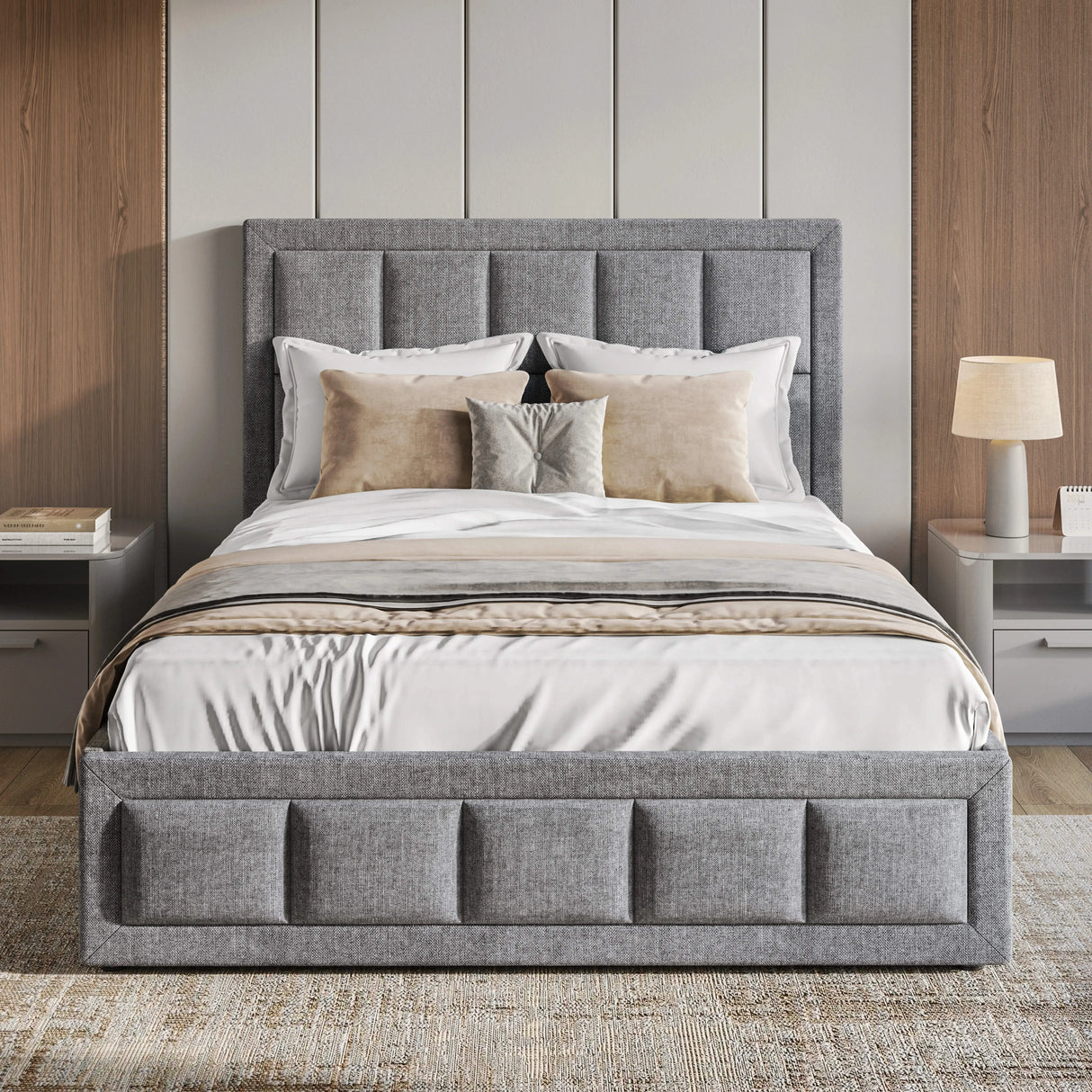 Gray upholstered bed with white bedding and decorative pillows in a bedroom setting.