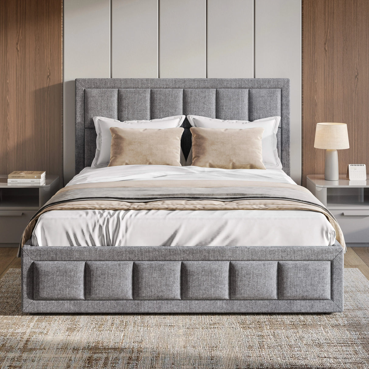 Gray upholstered bed with matching headboard in a bedroom setting.