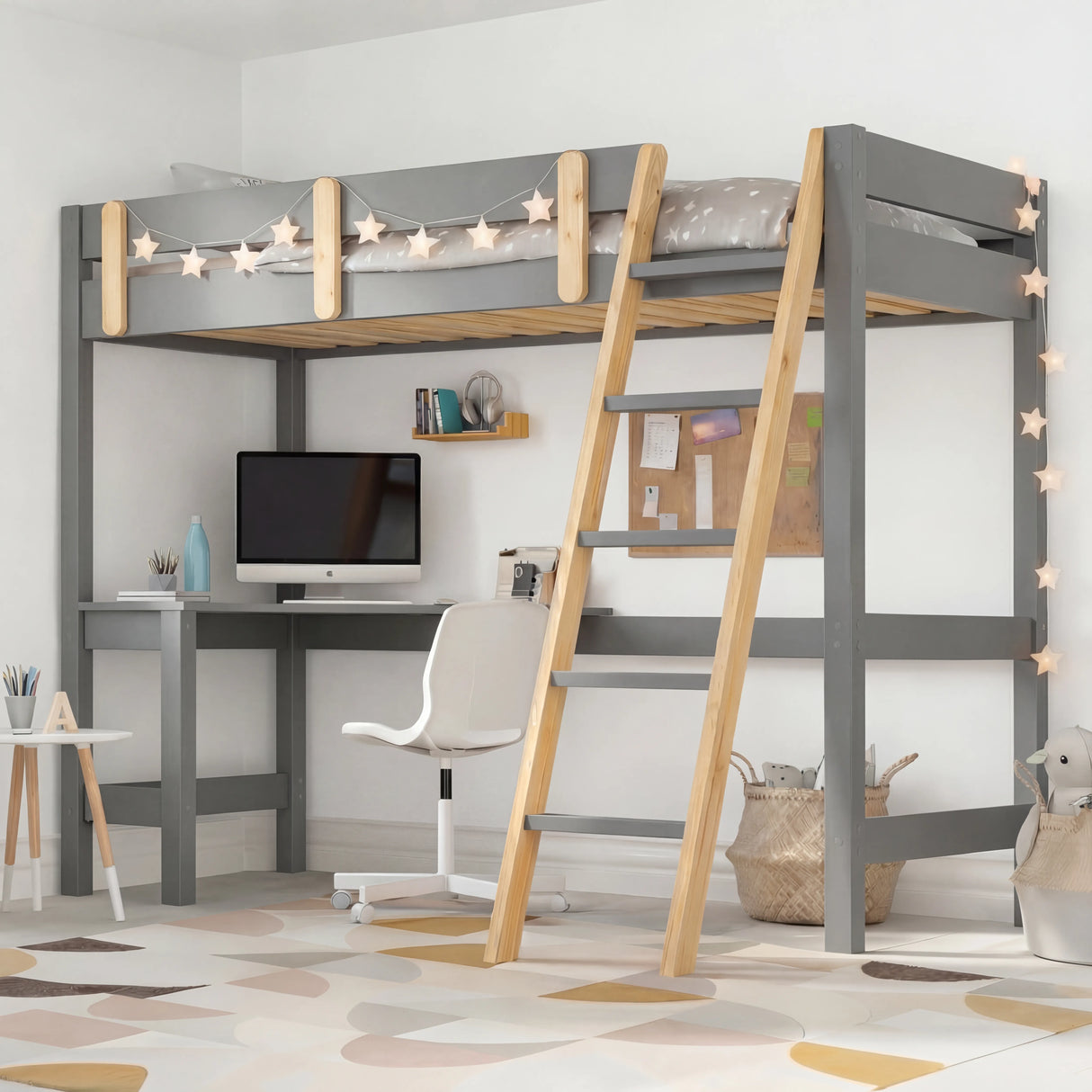 Bunk Bed With Desk - High Sleeper Loft Bed Frame For Kids in grey wood finish with integrated study desk, ladder, and safety rails. Ideal for space-saving children's bedrooms.