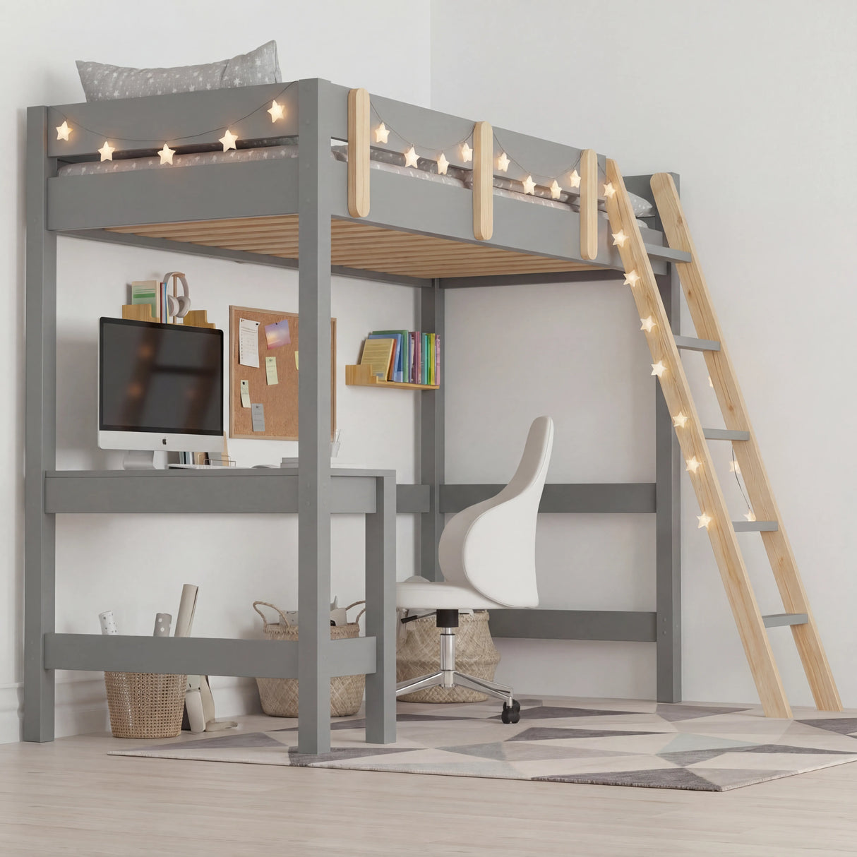 Bunk Bed With Desk - High Sleeper Loft Bed Frame For Kids in grey wood finish with ladder, safety rails, and integrated study desk setup below.