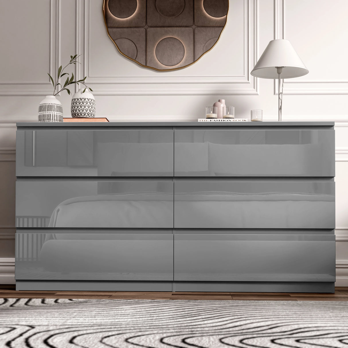 High Gloss Large 6 Drawer Chest of Drawers in grey finish, ideal bedroom dresser for modern storage. Sleek design with ample drawer space.