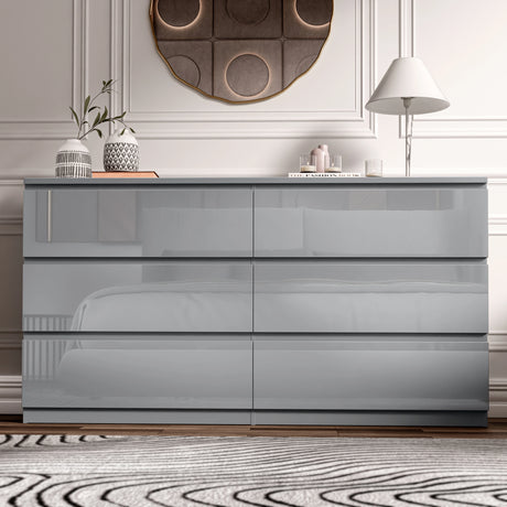 Modern gray dresser in a stylish room with decor elements.