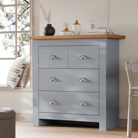 Grey chest of drawers from the Shaker 4 Piece Bedroom Set with four drawers and oak-effect top, ideal for stylish bedroom organization.