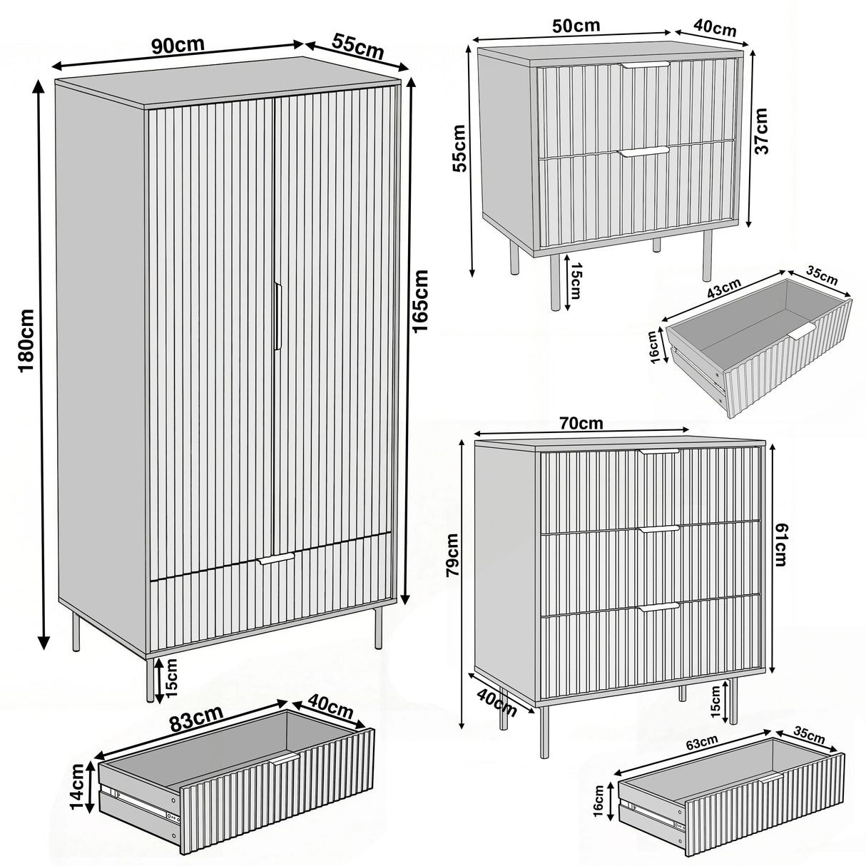 Dimension diagram of a bedroom furniture set containing a wardrobe, chest of drawers, and bedside cabinet