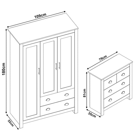 Shaker 3 Door Wardrobe and 4 Chest of Drawers Bedroom Set with dimensions; wardrobe 180cm tall, 109cm wide, chest 81cm tall, 79cm wide.