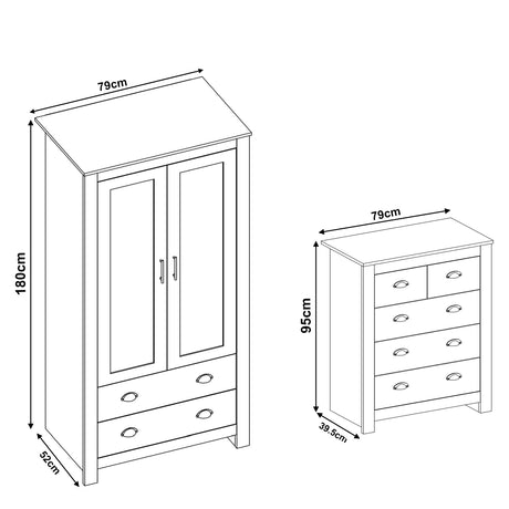 Shaker 2 Door Wardrobe and 5 Chest of Drawers Bedroom Set with dimensions. Wardrobe: 180cm x 79cm x 52cm, Drawers: 95cm x 79cm x 39.5cm.